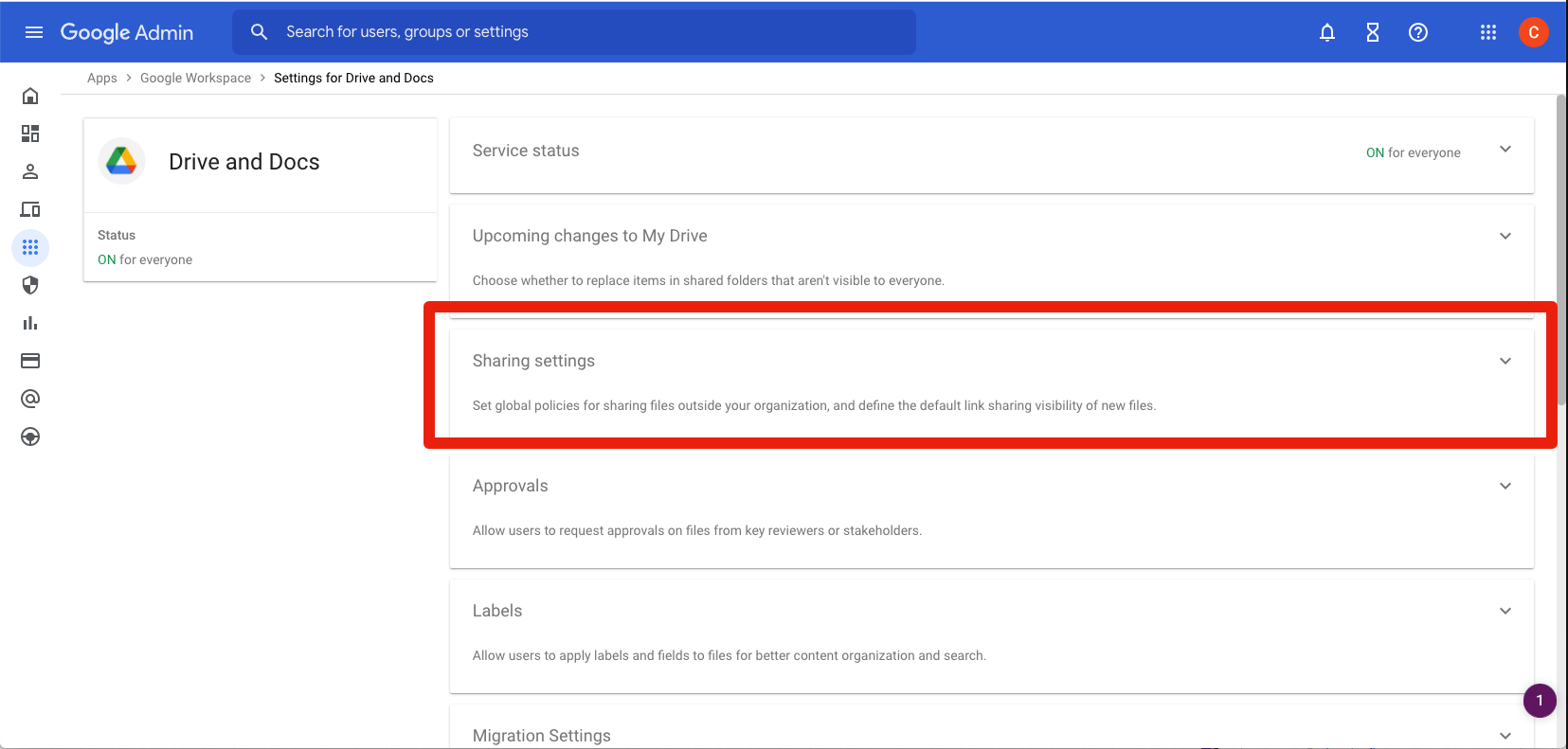 Drive and Docs settings highlighting the Sharing settings section